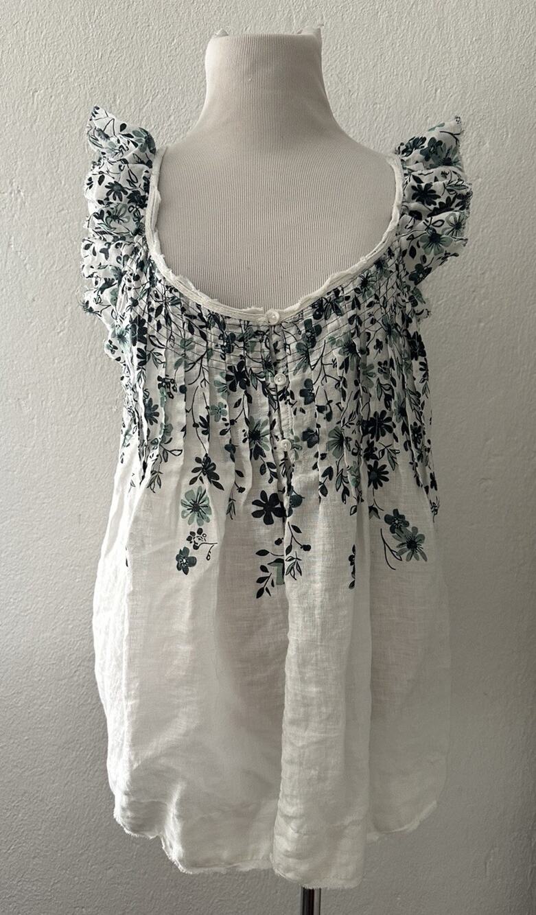 Anthropologie 100% Linen Button Down Green/White Floral Peasant Top Size Lg